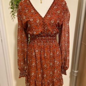 Max Studio Rust Floral Long Sleeve Dress